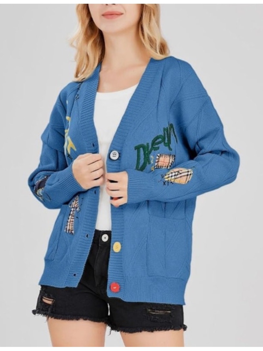 Ebossy Blue Thick Knit Cardigan Sweater Collegiate Letterman School Size XL